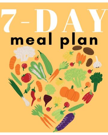 Yellow background with icons of veggies and fruits ordered in a heart shape with a text overlay saying seven day meal plan