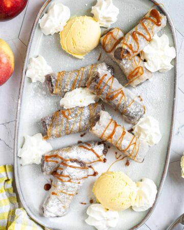 Rice paper rolls with brown filling placed on a light blue plate. Dusted with powdered sugar. Served with scoops of vanilla ice cream, caramel drizzle, and heaps of whipped cream.