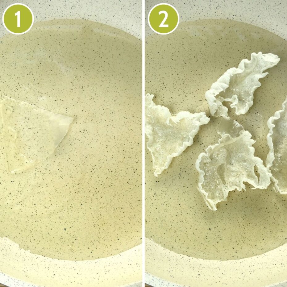 2 photo collage showing a pan with shallow oil. The first with rice papers just tossed in it and the second shows the puffed sheets.