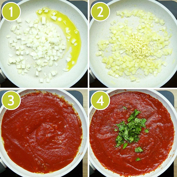 4 photo collage on how to make pomodoro sauce in a frying pan. First cooking chopped onion, then added chopped garlic, then red sauce, finally chopped green herbs 