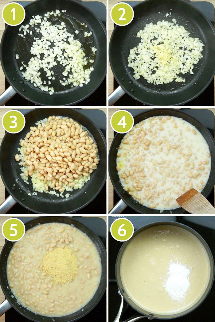 6 photo collage on how to make melted cheese sauce using bean. Showing a frying pan first with cooking chopped onion, then with chopped garlic added, then beans on top, then white liquid was added, on the fifth small yellow flakes were sprinkled on top. Finally the finished white paste-like sauce. 