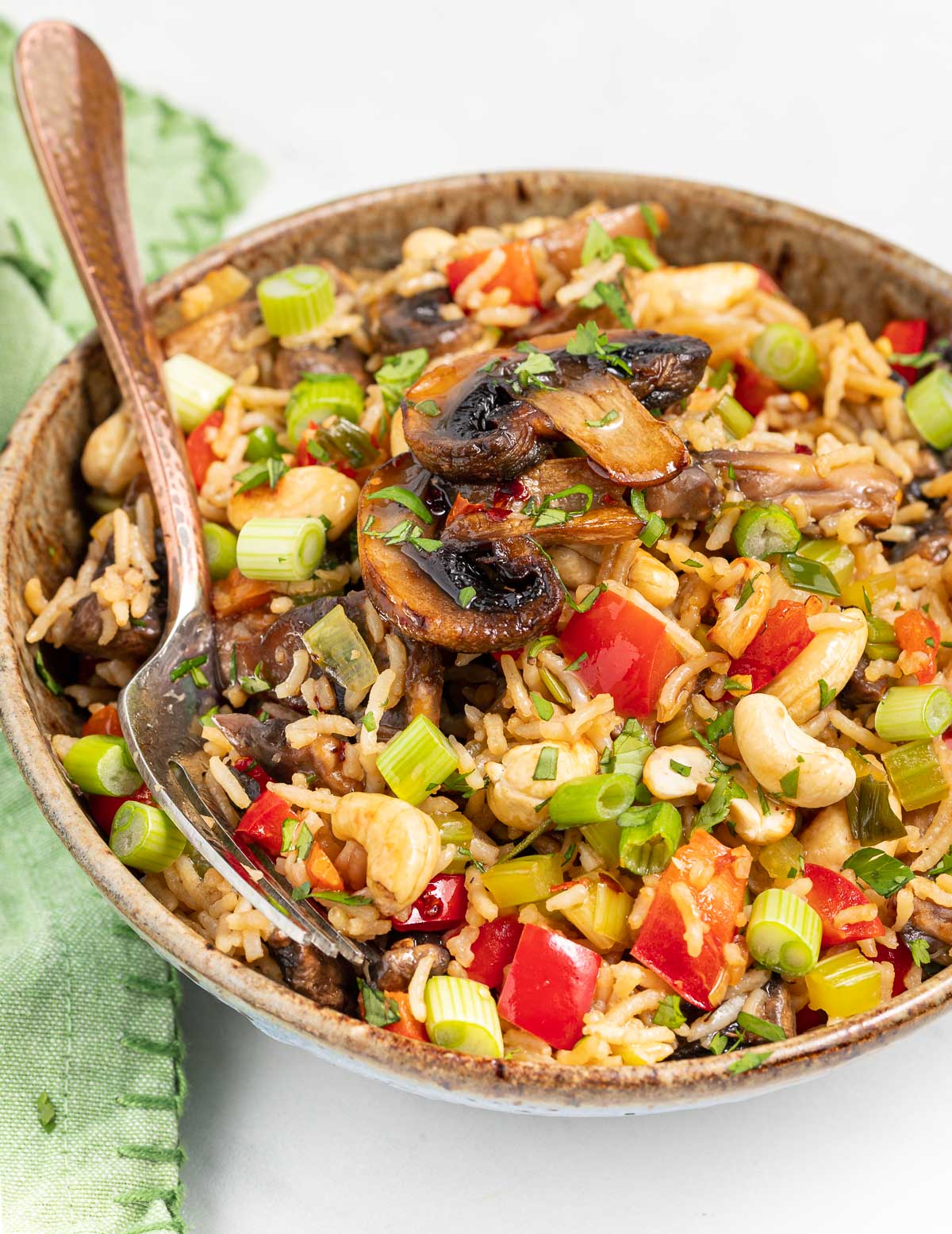 Brown bowl with rice, cashew nuts, chopped red pepper, scallion and mushroom slices.