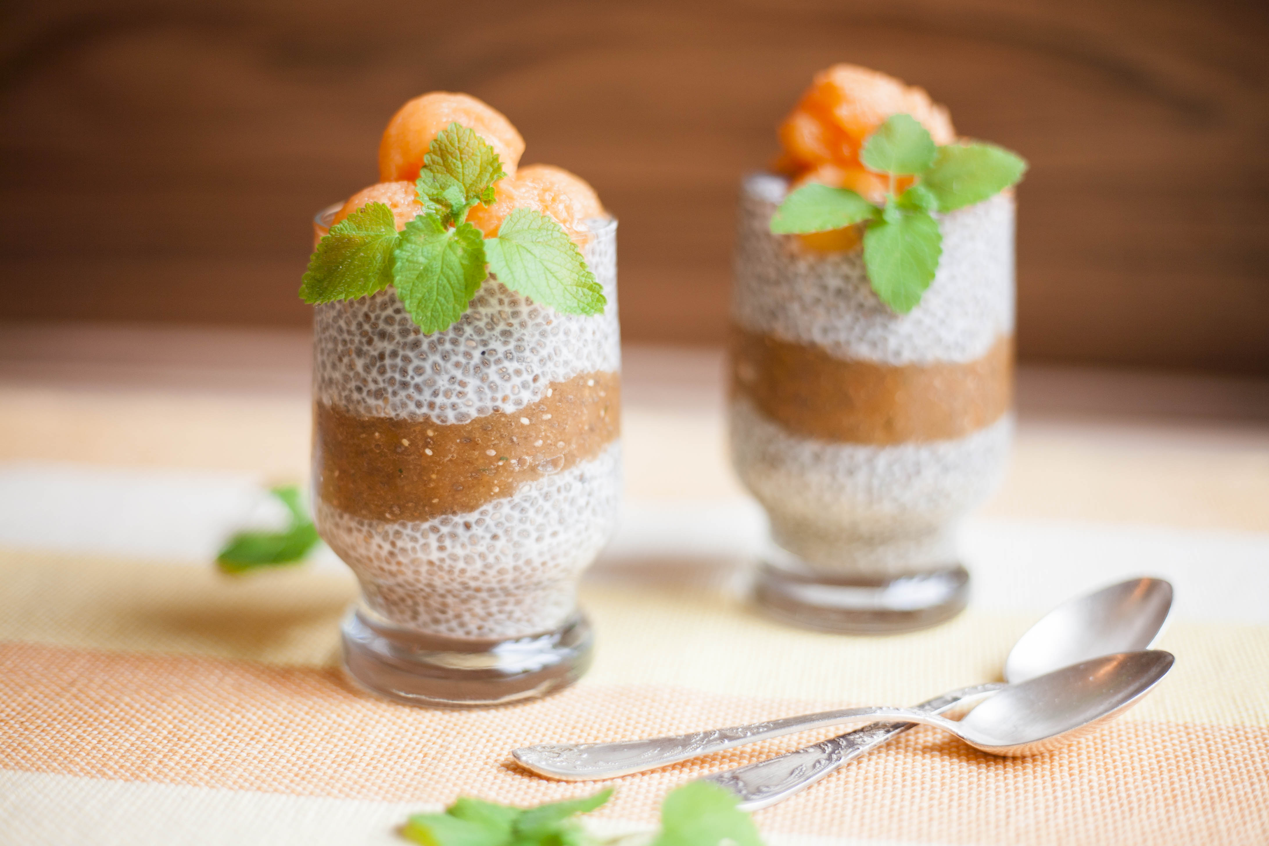 Overnight Chia Seed Pudding with Spicy Melon Puree - 3-ingredient overnight chia seed pudding with coconut milk and spicy melon puree (mint, cinnamon, nutmeg). Simple & delicious breakfast or dessert.