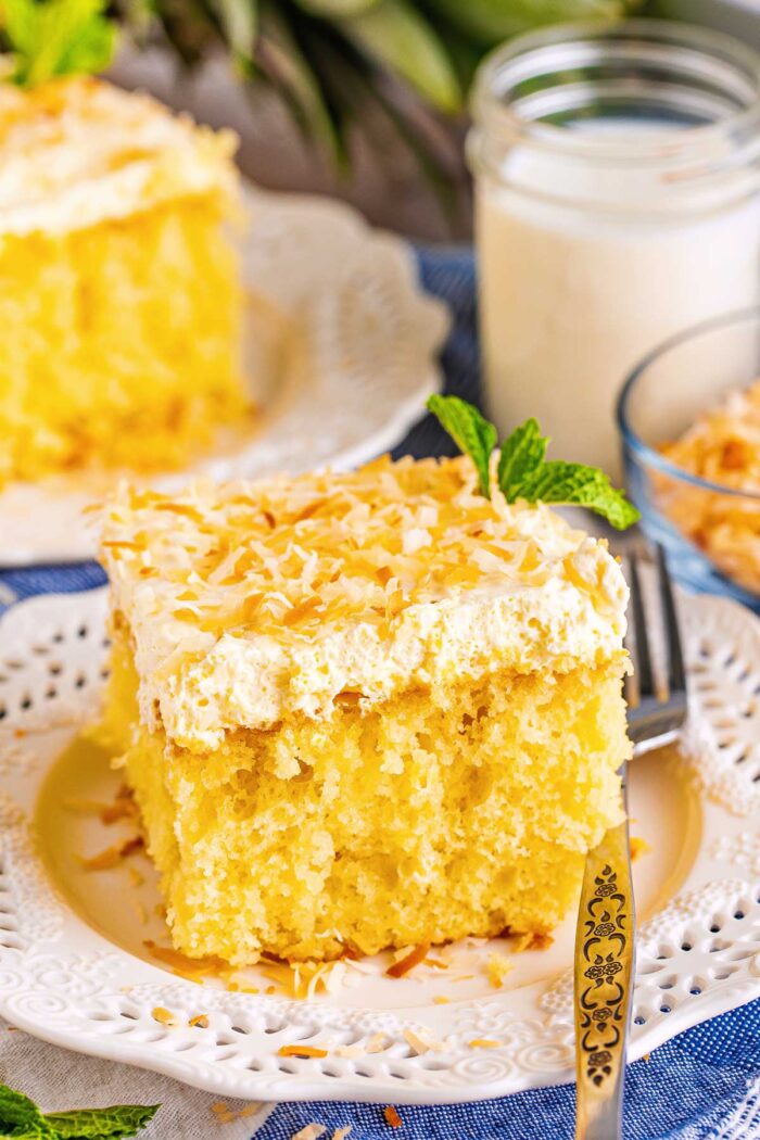 A slice of pineapple cake on a plate.