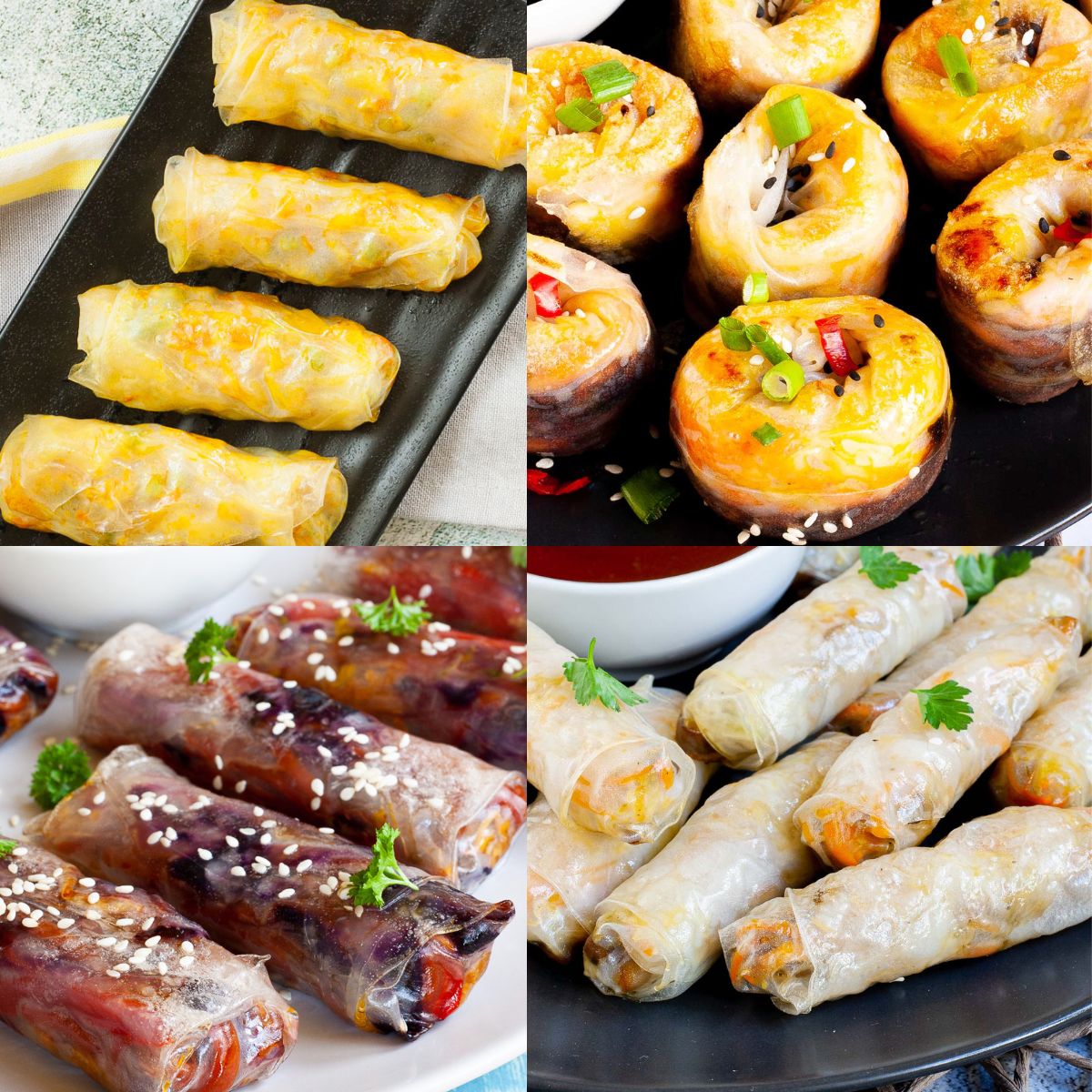 4 photos of recipes using rice papers they are all different colored rolls.