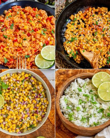 4 photo collage with varied side dishes of rice and corn.