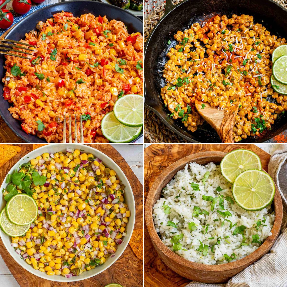 4 photo collage with varied side dishes of rice and corn.