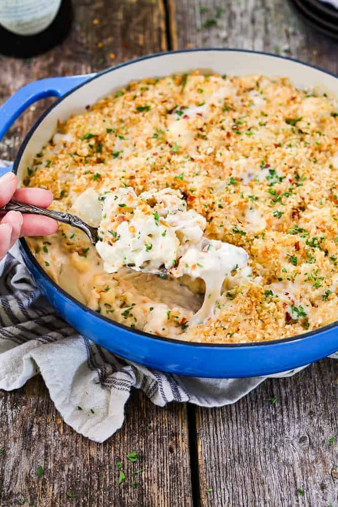 Vegan cauliflower casserole fully baked in a blue baking pan. Scooping out a cheesy portion. / This veggie-loaded Vegan Cauliflower Casserole is layered with ooey-gooey cheese, topped with buttery breadcrumbs and then baked to perfection. It's easy and delicious!