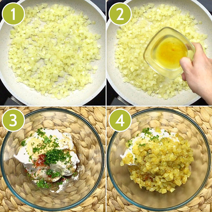 4 photo collage of how to caramelize onions and then add it to the sour cream and seasoning mix.
