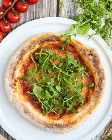 Sliced pizza topped with tomato sauce, melted cheese and fresh arugula on a white pizza plate. Fresh ingredients are around it.
