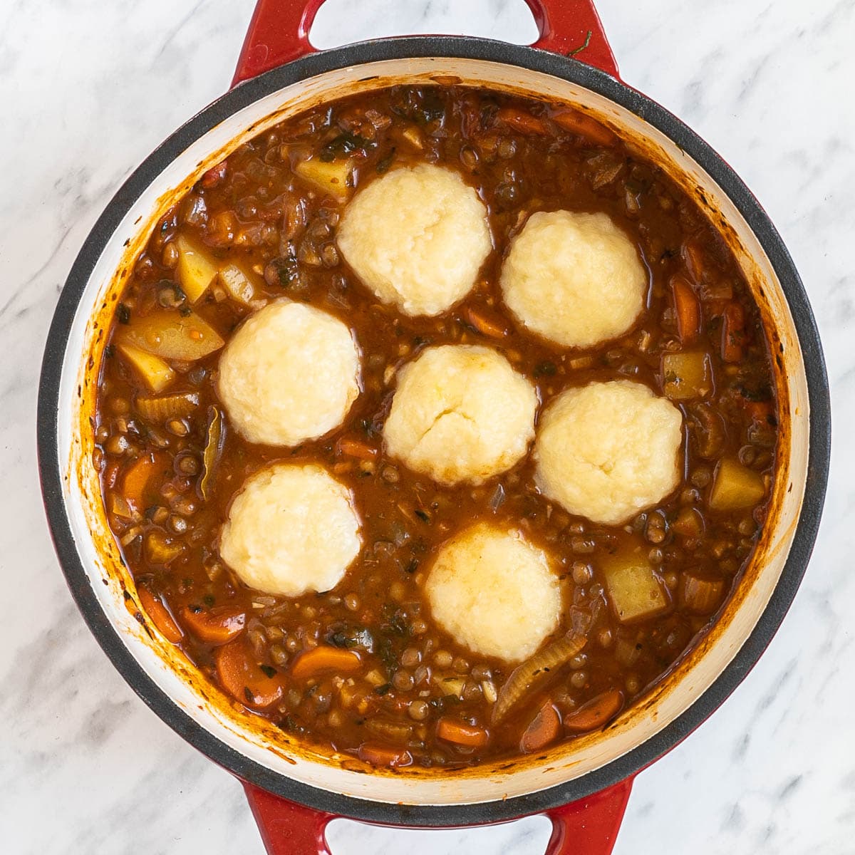 A red-white Dutch oven with dark brown stew and chopped onion, celery, carrot slices, lentils, and dumplings. 